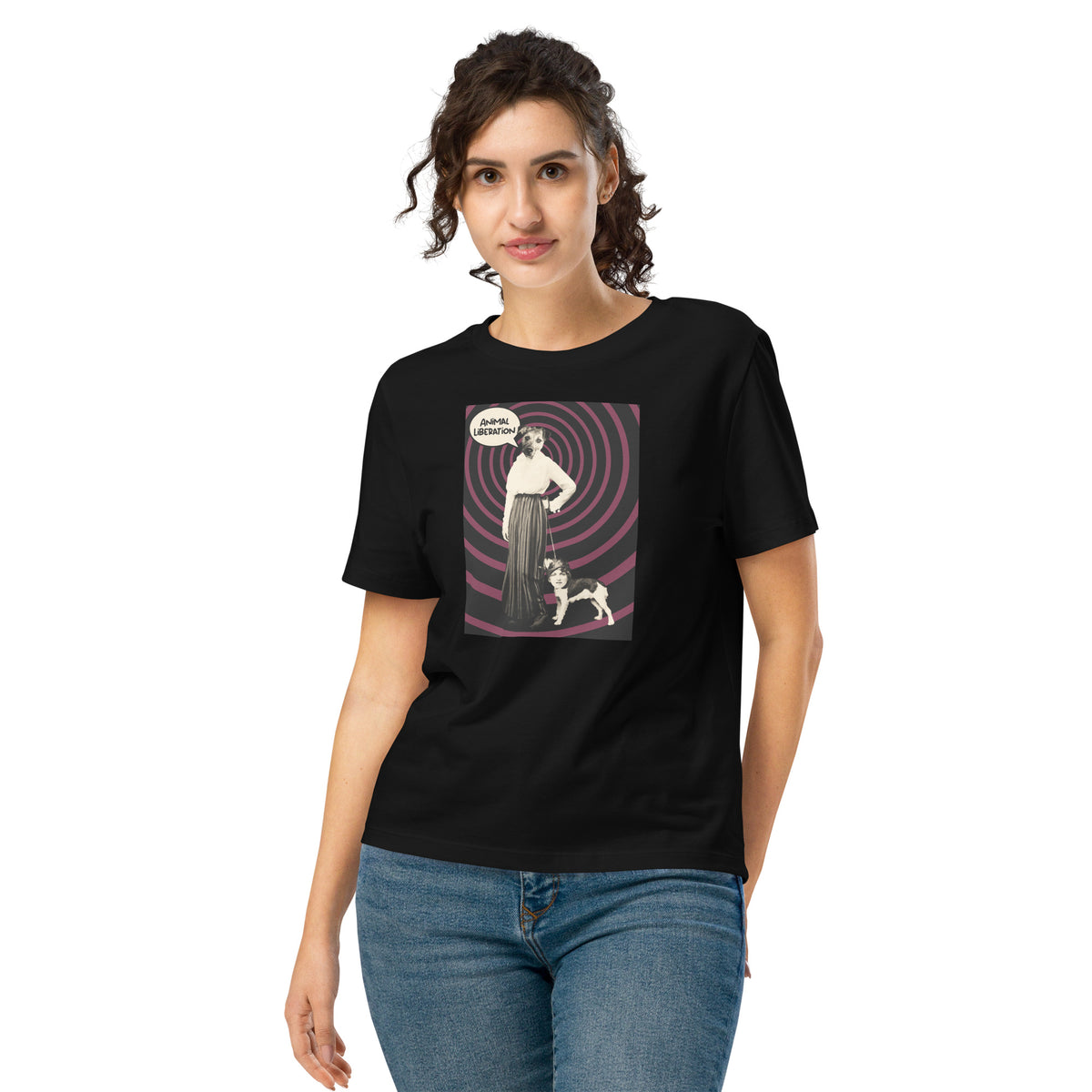 Schwarzes Damen-T-Shirt mit quadratischem Print und Tiermotiv im Kreismuster