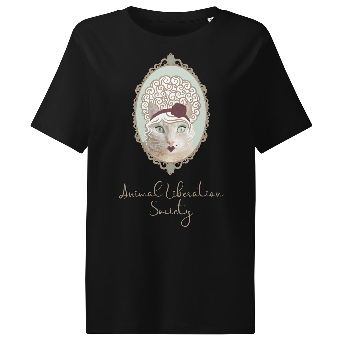 Schwarzes Damen-T-Shirt mit Katzenporträt und Schriftzug „Animal Liberation Society“