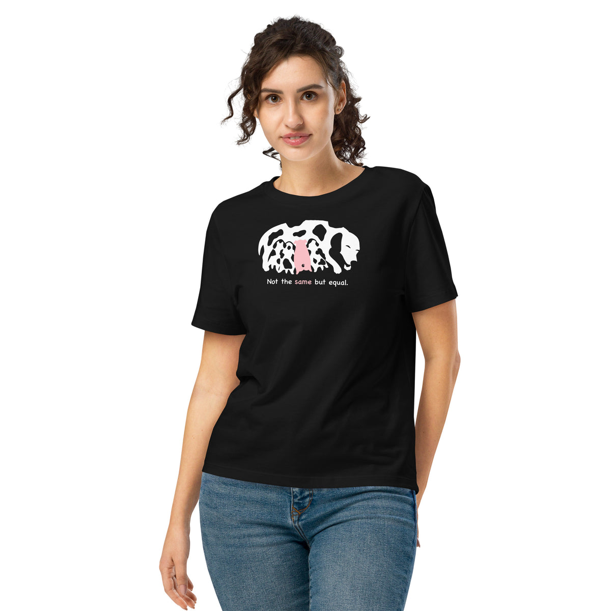 Veganes Bio-Damen-T-Shirt Animal Equality, schwarz, Tiermotiv-Print vorn