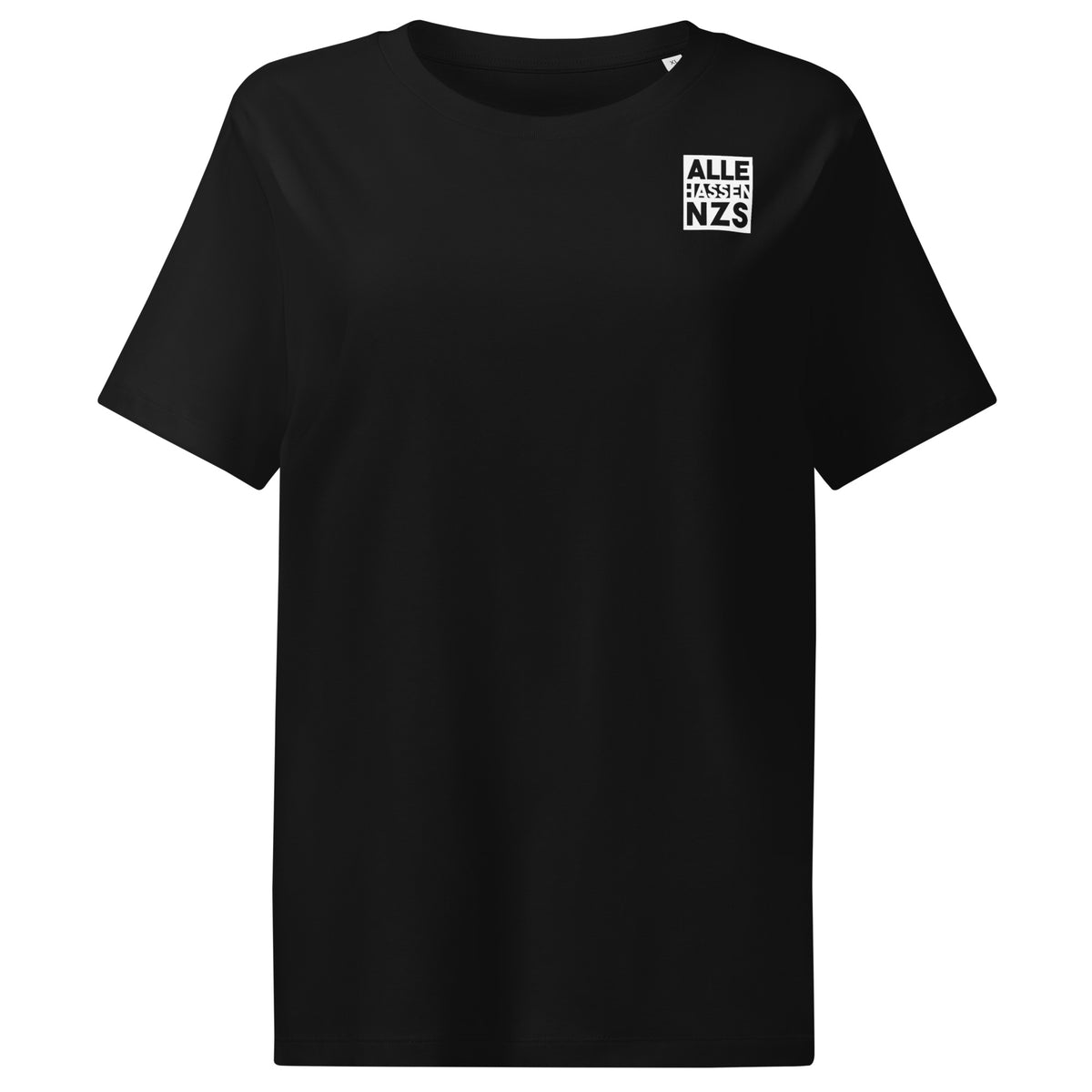 Veganes Bio Damen-T-Shirt flach fotografiert, schwarz, mit Brustprint „ALLE HASSEN NZS“