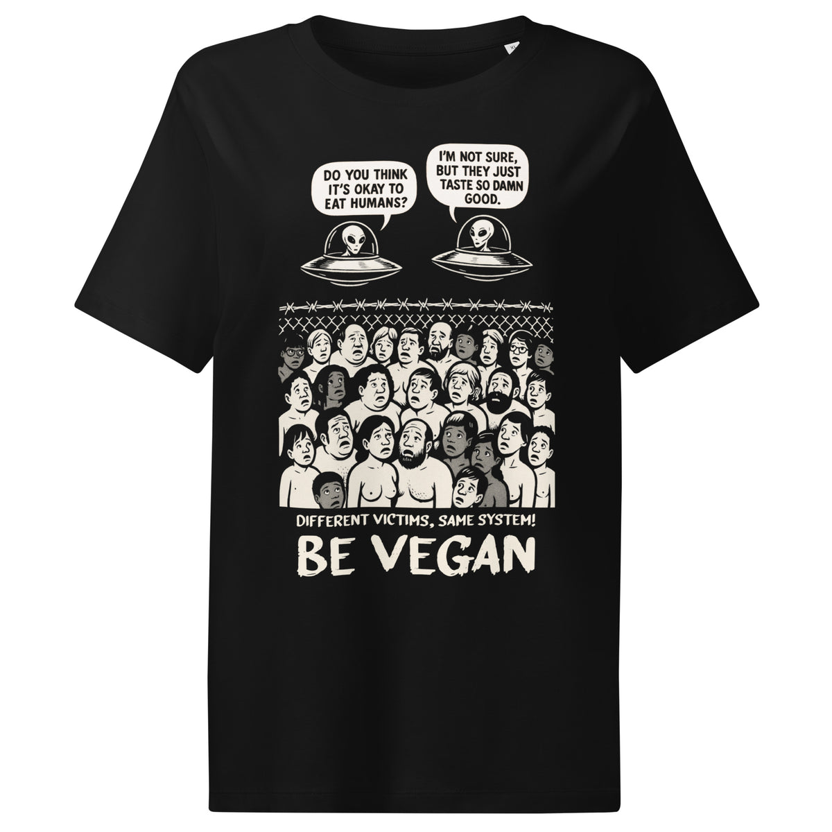 Schwarzes Damen-T-Shirt mit großem Frontprint „BE VEGAN“ und Alien-Karikaturen