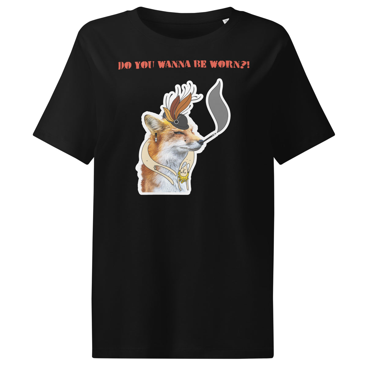 Schwarzes Damen-T-Shirt mit Fuchs-Comicprint und „DO YOU WANNA BE WORN?!“