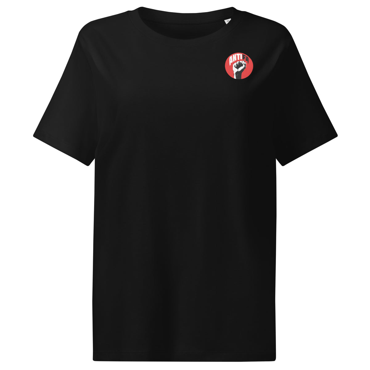 Damen-T-Shirt, schwarz, Rundhalsausschnitt, kleiner ANTIFA-Aufnäher vorn