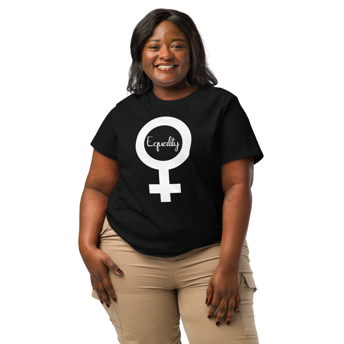 Damen-T-Shirt, schwarz, Frontdruck mit weißem Frauensymbol „Equality“