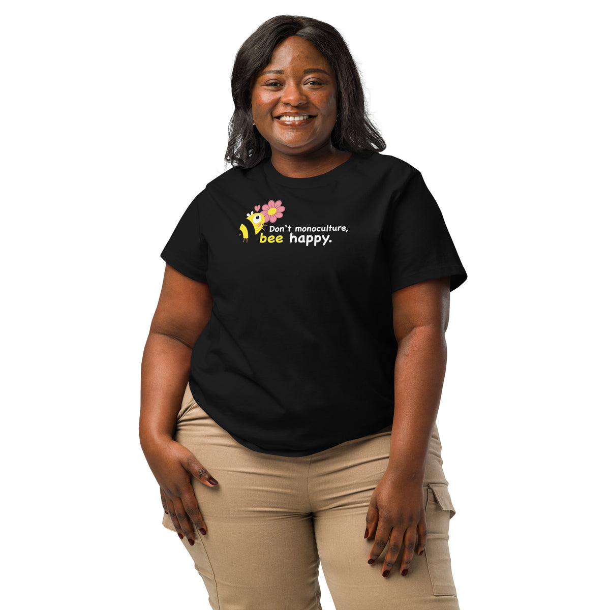 Damen-T-Shirt in Schwarz mit Bienen-Print „bee happy“, rundem Halsausschnitt