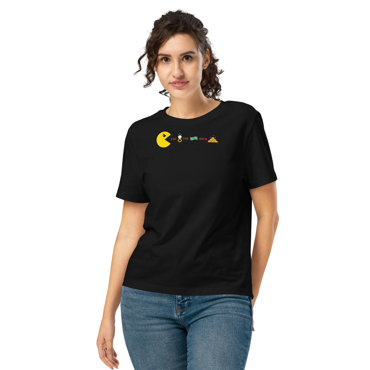 Damen-T-Shirt mit Rundhalsausschnitt, schwarzer Stoff und gelber Comic-Aufdruck vorn