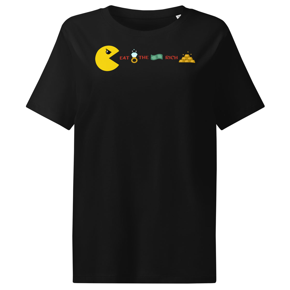 Damen-T-Shirt, schwarz, Frontprint mit PAC Man und „EAT THE RICH“