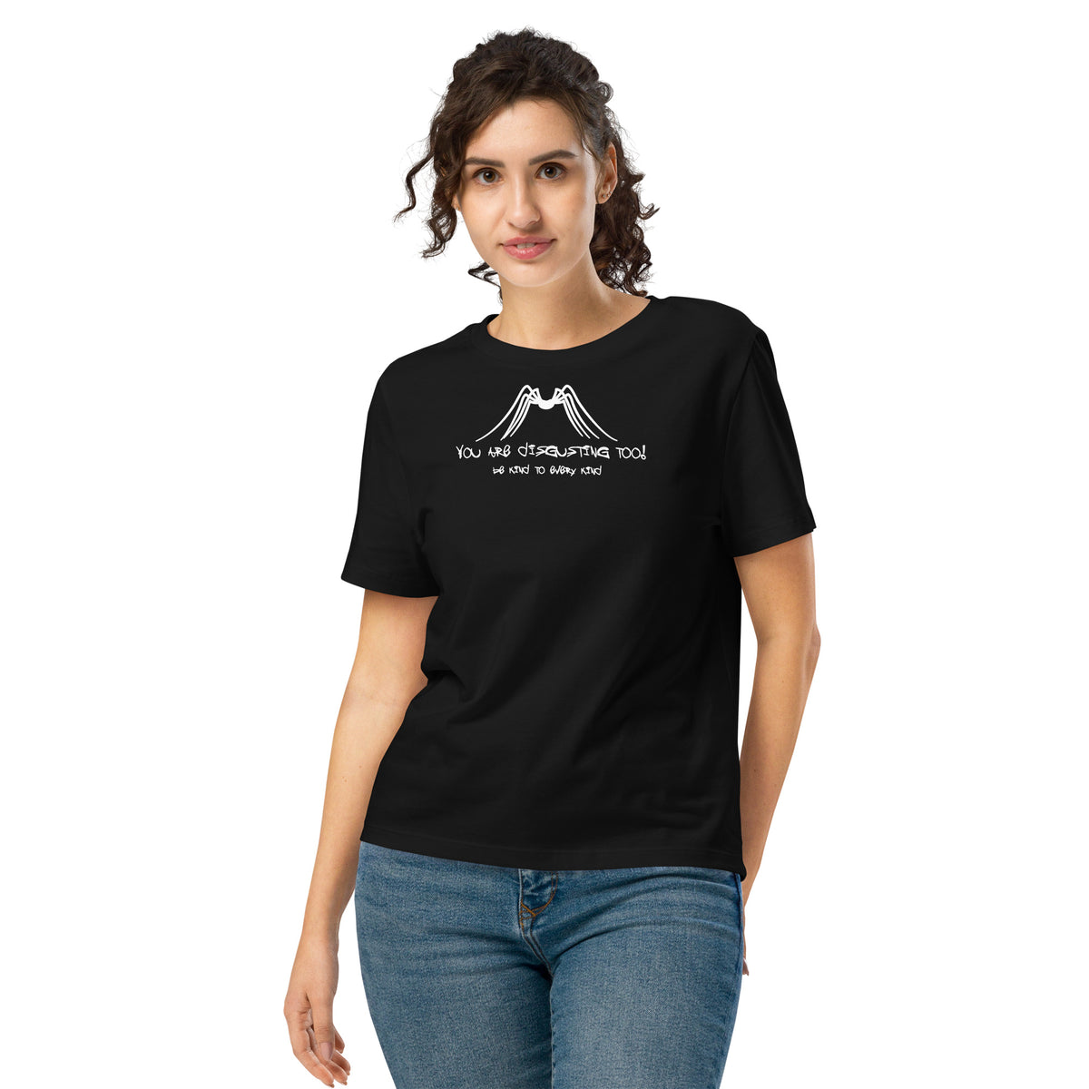 Damen-T-Shirt mit Rundhalsausschnitt, kurzärmelig, schwarzer Stoff mit Aufdruck vorne.