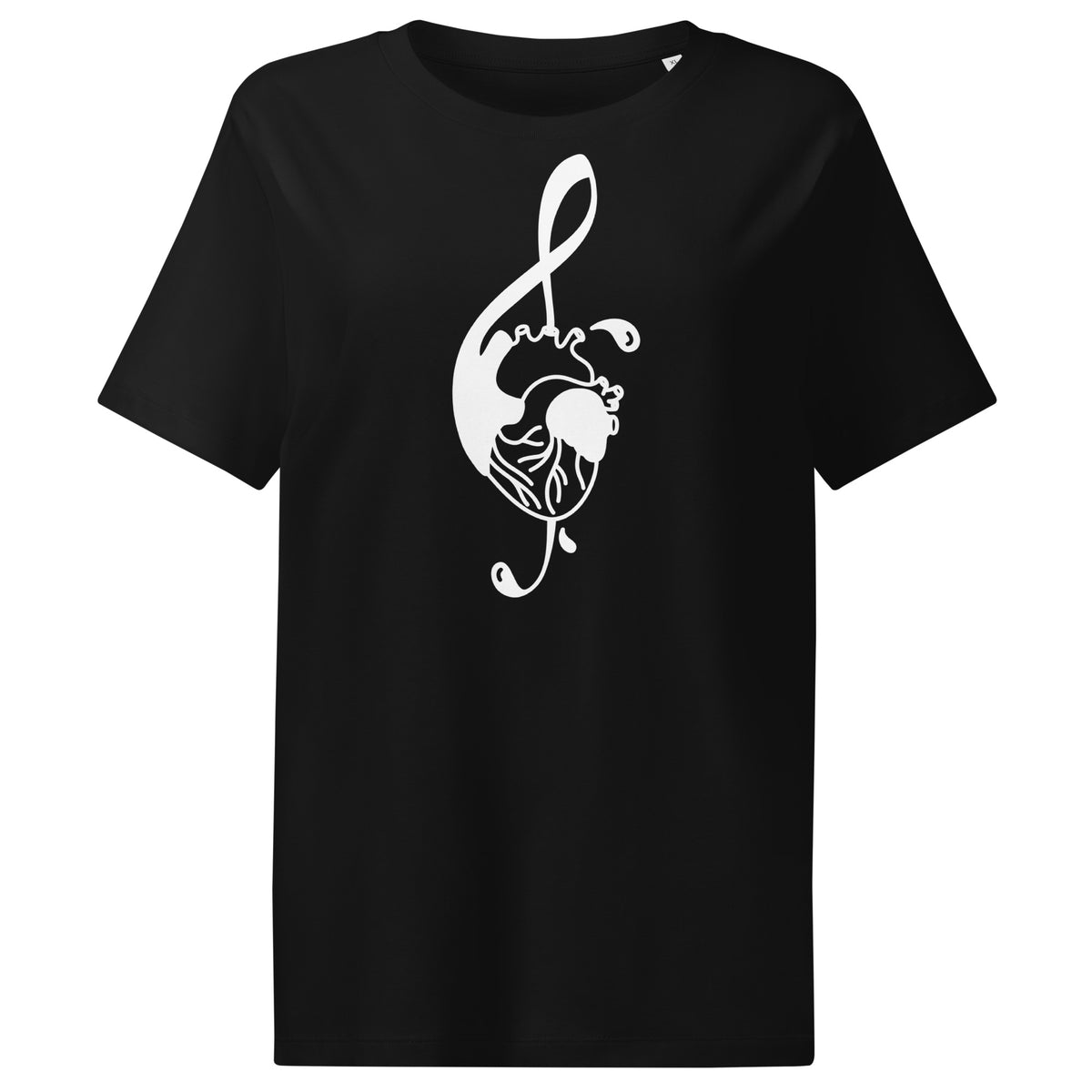 Schwarzes Damen-T-Shirt mit weißem Musiknoten-Katzenkopf-Print