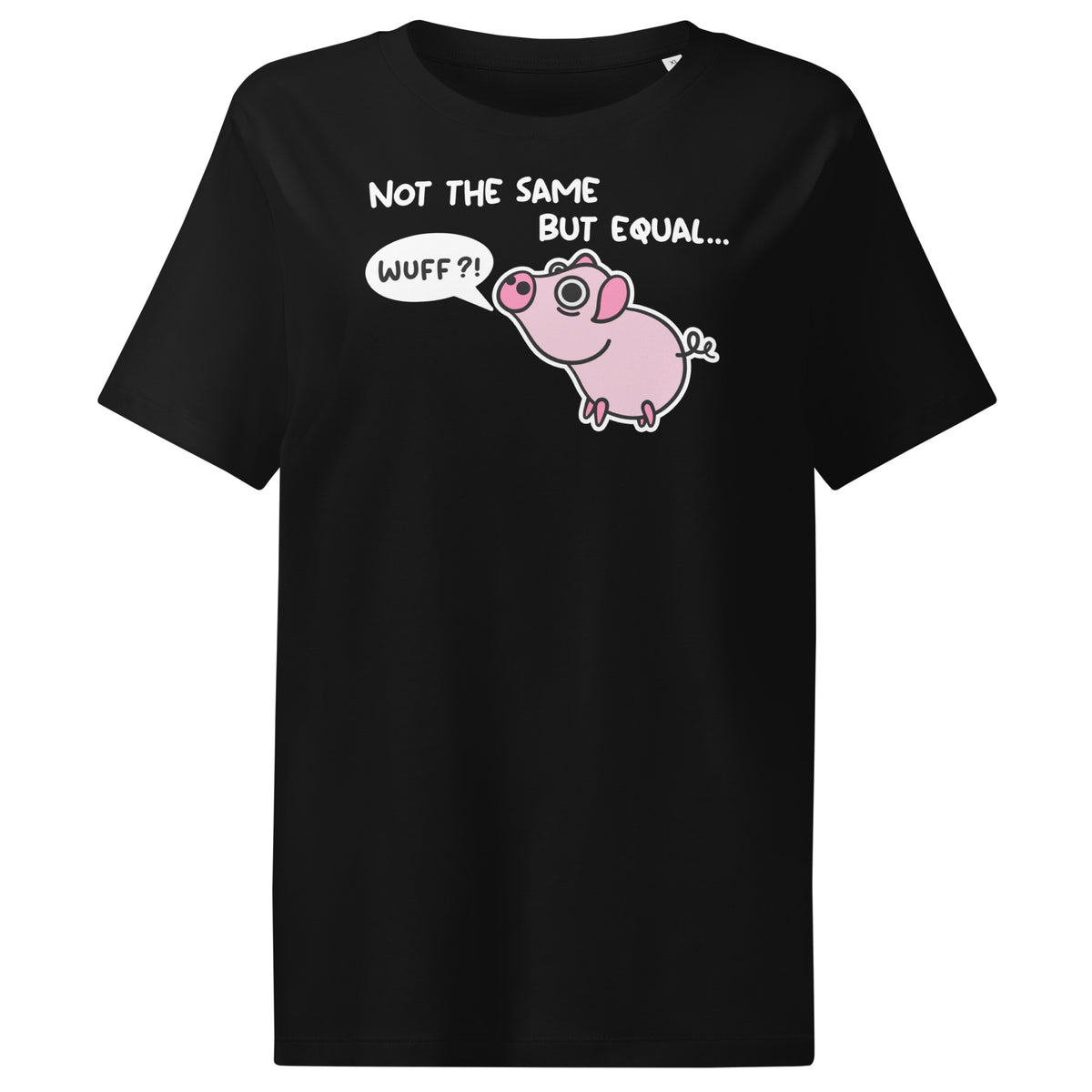 Schwarzes Damen-T-Shirt mit Rundhalsausschnitt und Ferkel-Comic-Print auf der Brust