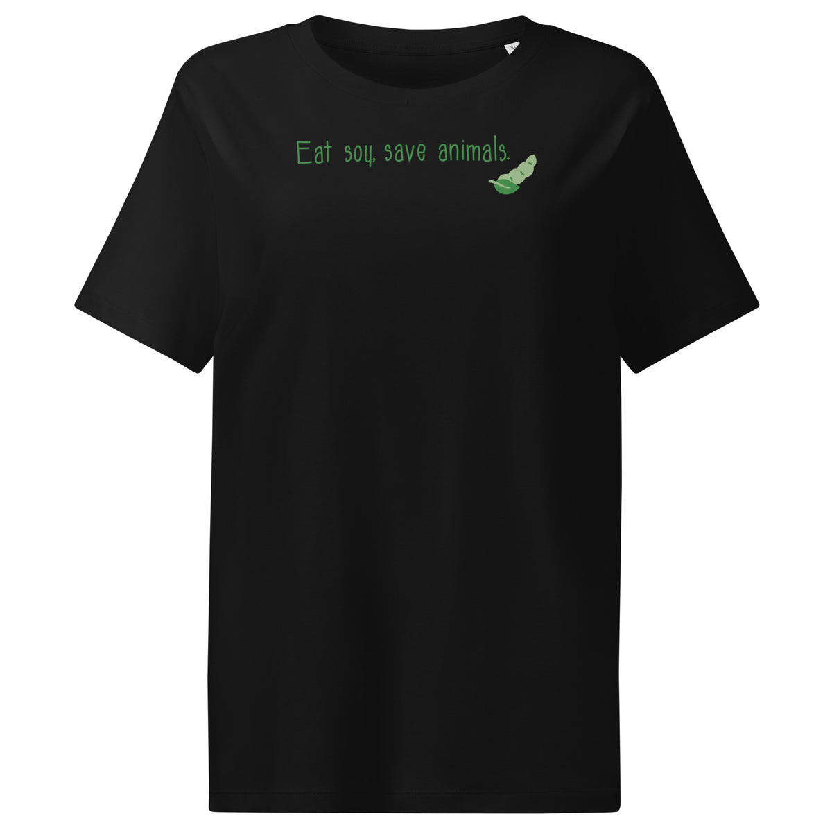 Schwarzes Damen-T-Shirt mit grünem Aufdruck „Eat soy, save animals“ und Icon