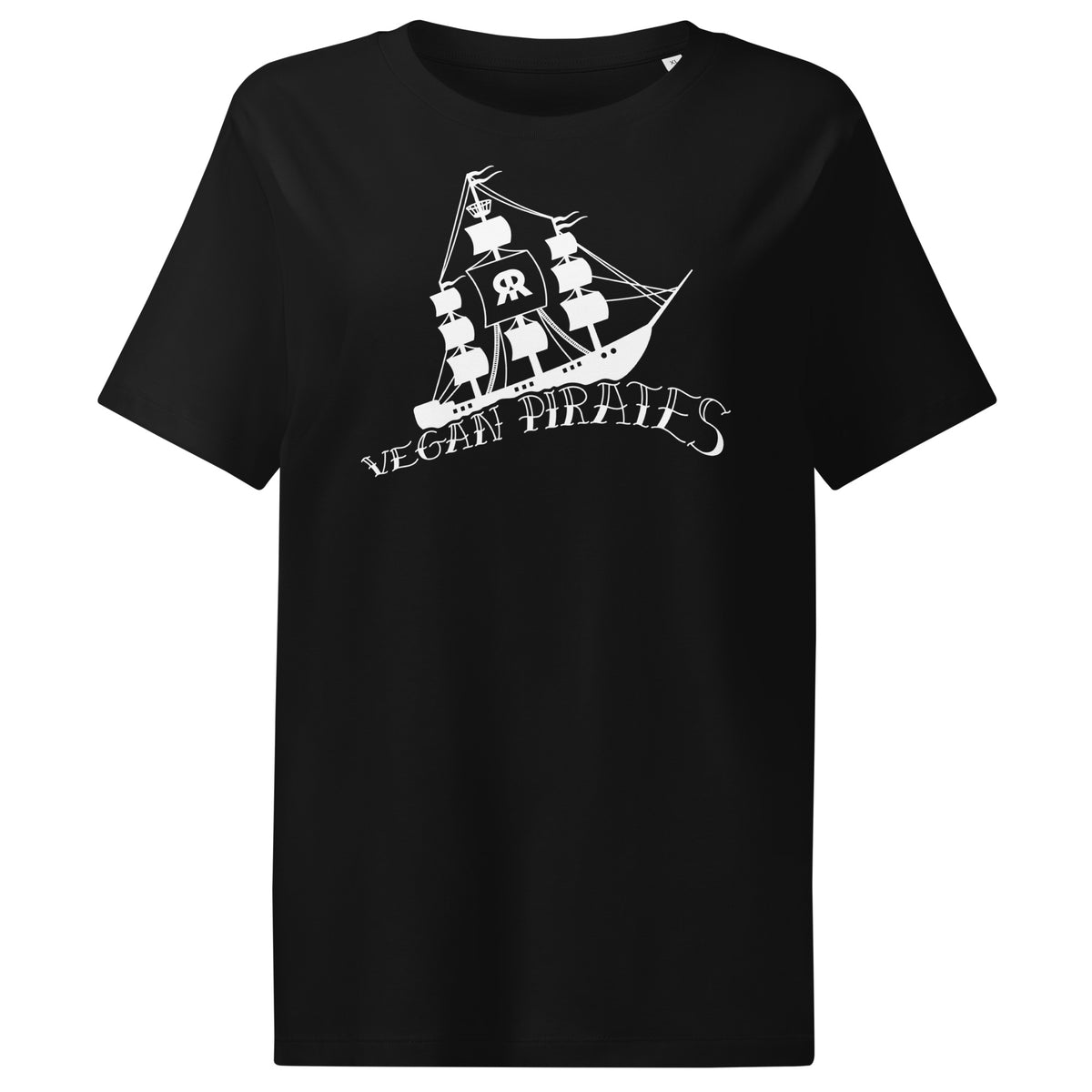 Schwarzes Damen-T-Shirt mit Piratengrafik und Schriftzug „Vegan Pirates“
