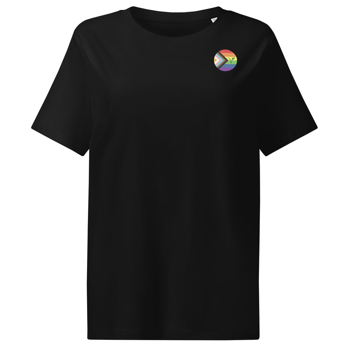 Damen-T-Shirt aus Baumwolle, schwarz, Rundhalsausschnitt, kleiner Brustaufdruck