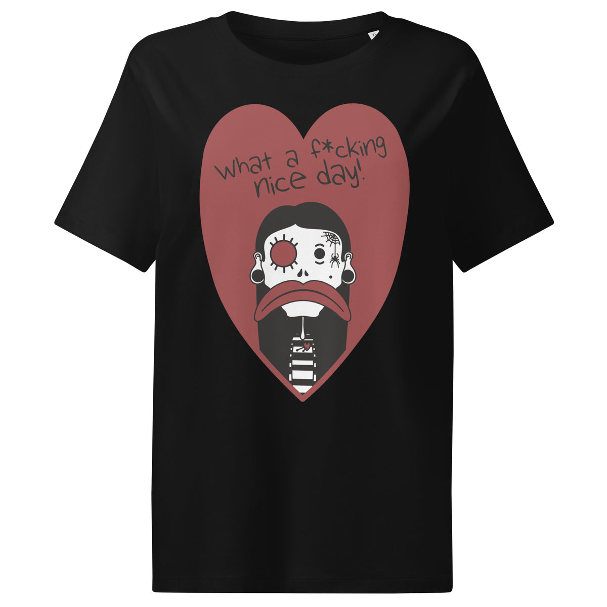 Damen-T-Shirt in Schwarz mit Front-Print: rotes Dreieck mit Gesicht und Textgrafik