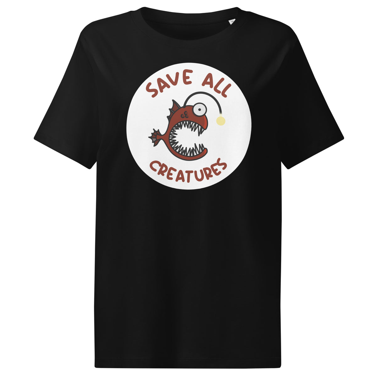 Schwarzes Damen-T-Shirt: Froschfisch-Print im Kreis, „Save All Creatures“