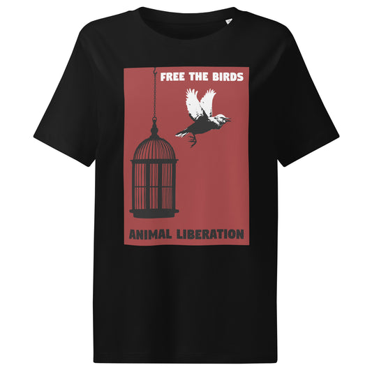 Schwarzes Damen-T-Shirt mit rundem Halsausschnitt und Vogelkäfig-Aufdruck