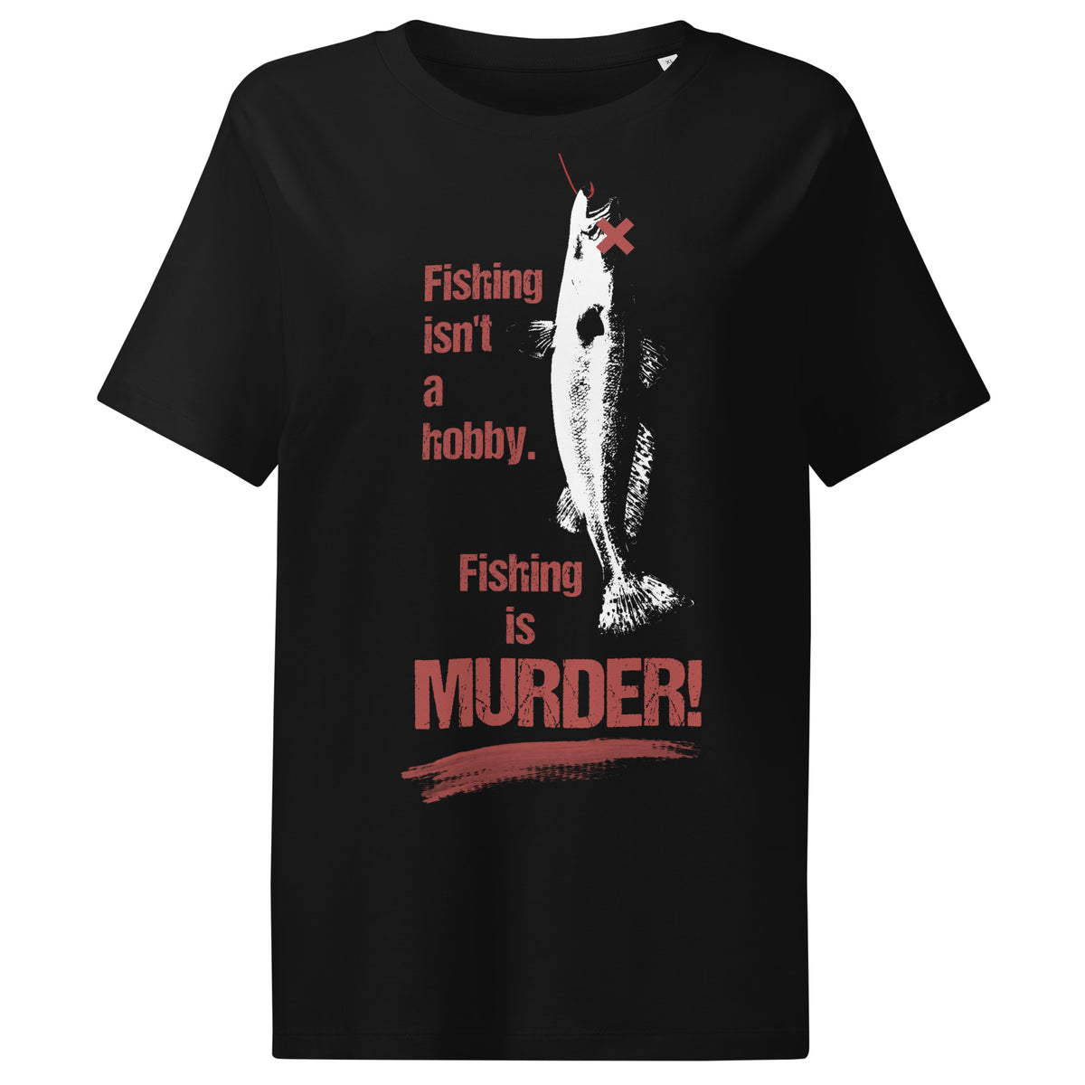 Damen-T-Shirt schwarz mit Angler-Motiv und Aufschrift „Fishing is MURDER!“