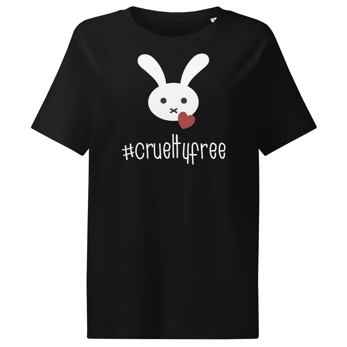 Schwarzes Damen-T-Shirt mit weißem Hase-Motiv und Schriftzug #crueltyfree vorn