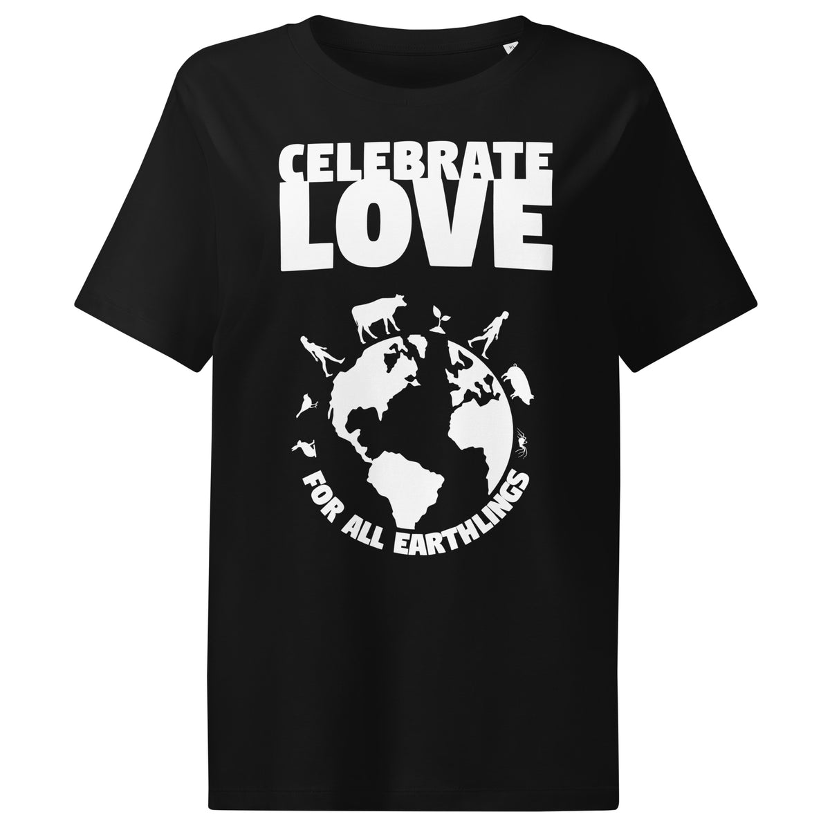 Damen-T-Shirt in Schwarz mit „CELEBRATE LOVE“-Weltmotiv, Rundhalsausschnitt