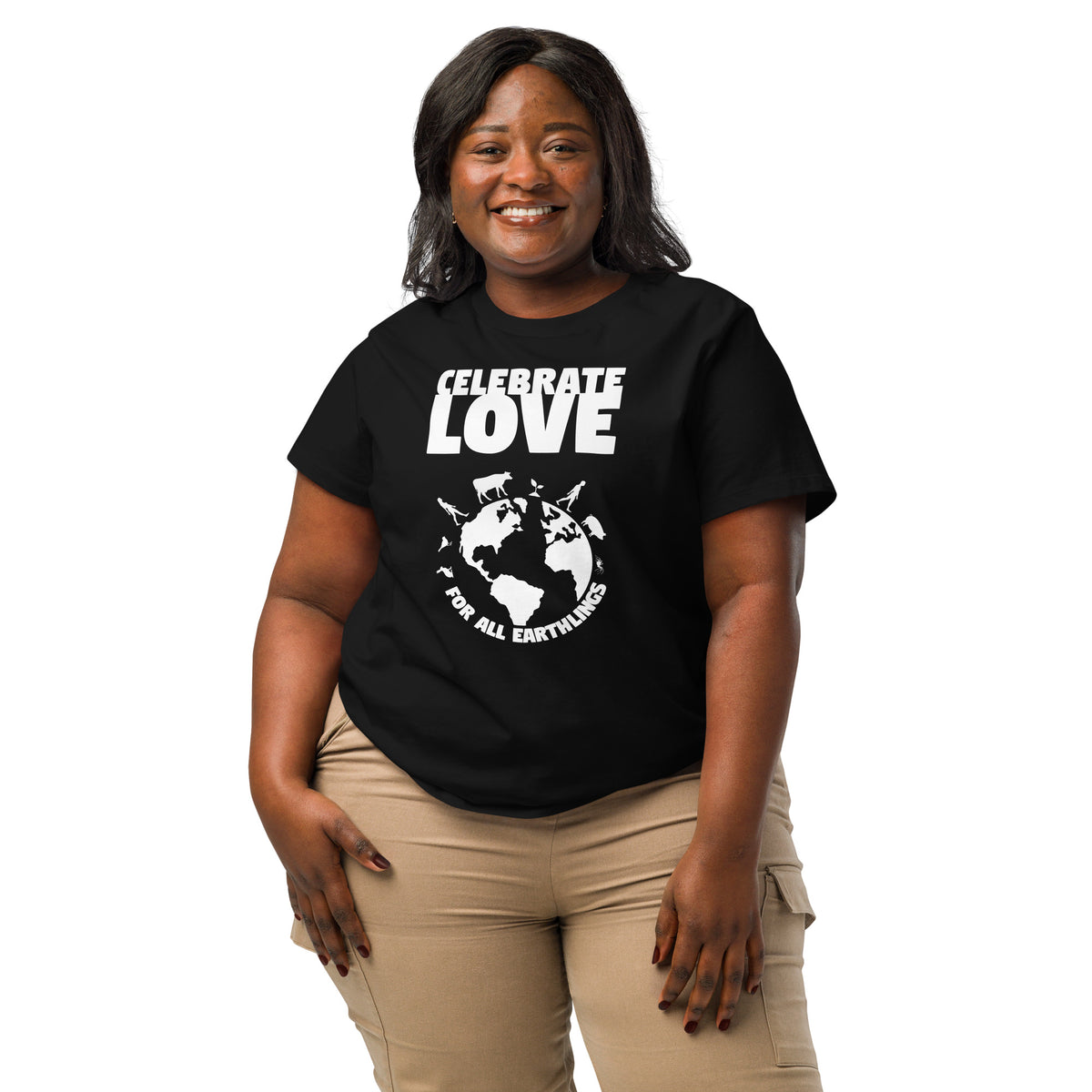Schwarzes Damen-T-Shirt mit weißem „CELEBRATE LOVE“-Print und Erde-und-Tieren