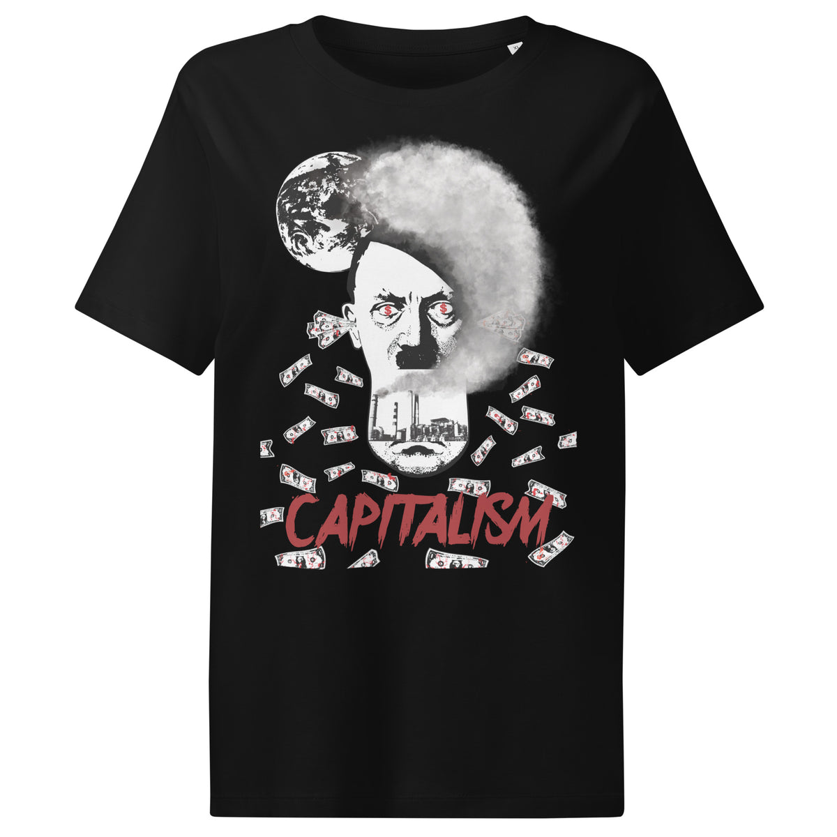 Damen-T-Shirt in Schwarz mit Frontaufdruck „CAPITALISM“ und Porträtgrafik