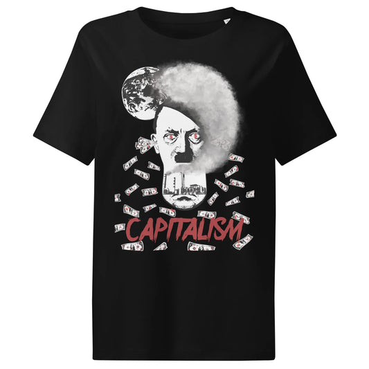 Damen-T-Shirt schwarz mit großem Portrait und Aufdruck „CAPITALISM“ vorn