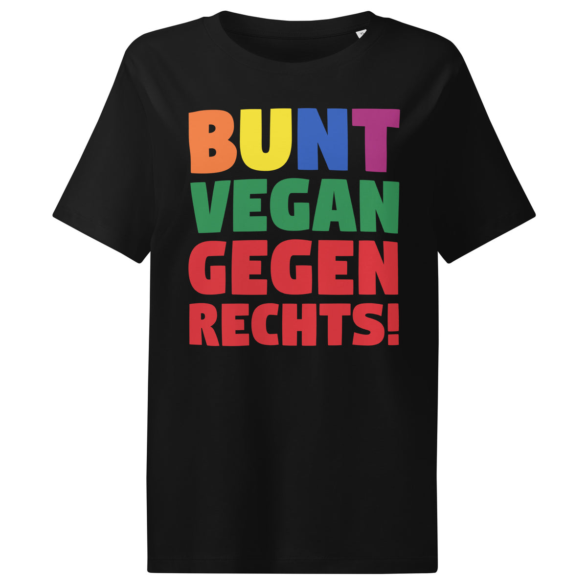 Damen-T-Shirt Schwarz mit großem Aufdruck „BUNT VEGAN GEGEN RECHTS!“