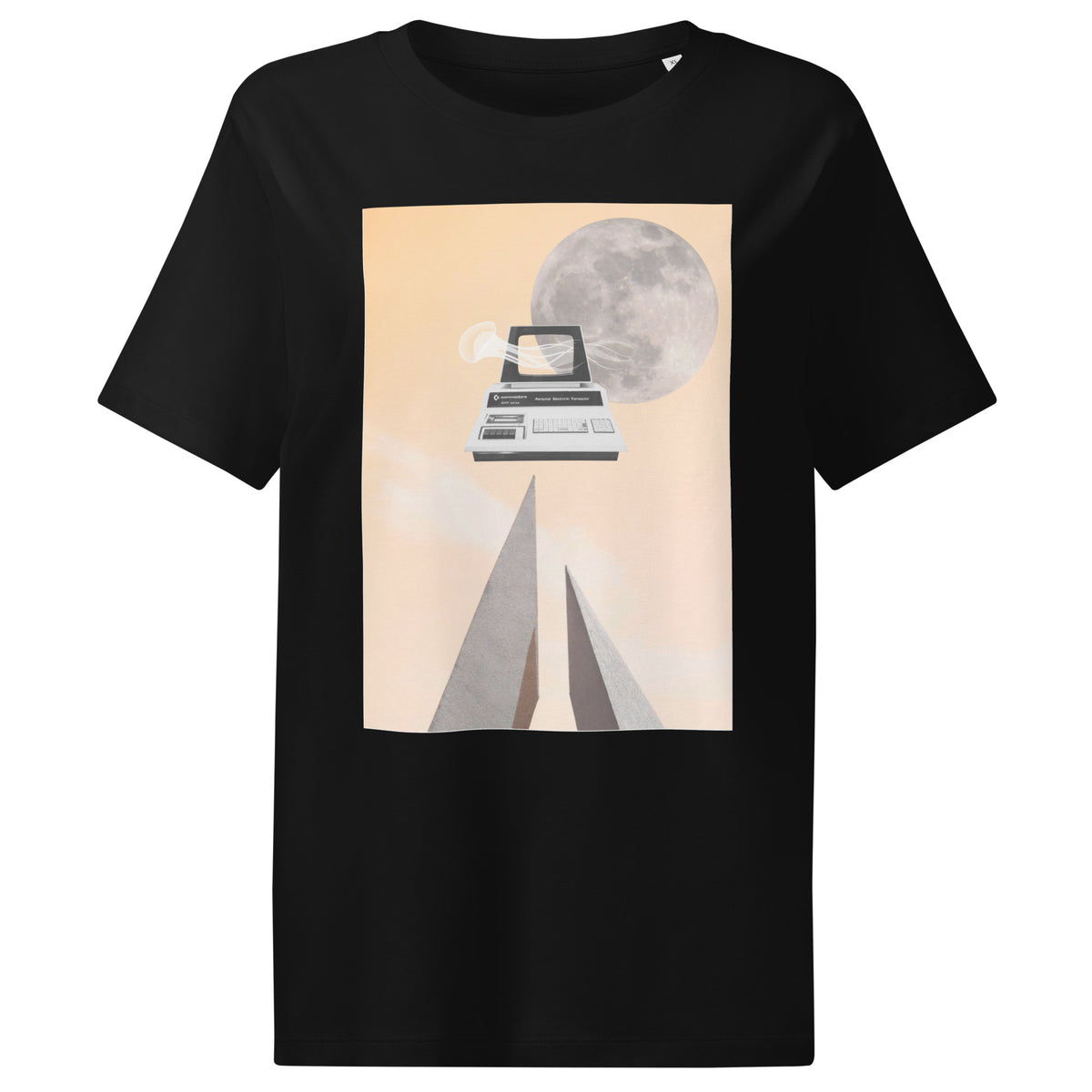 Damen-T-Shirt in Schwarz mit großem quadratischem Grafikdruck auf der Brust