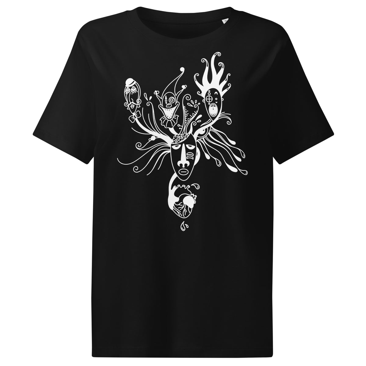Schwarzes Damen-T-Shirt mit weißem Masken-Illustrationsmotiv auf der Brust