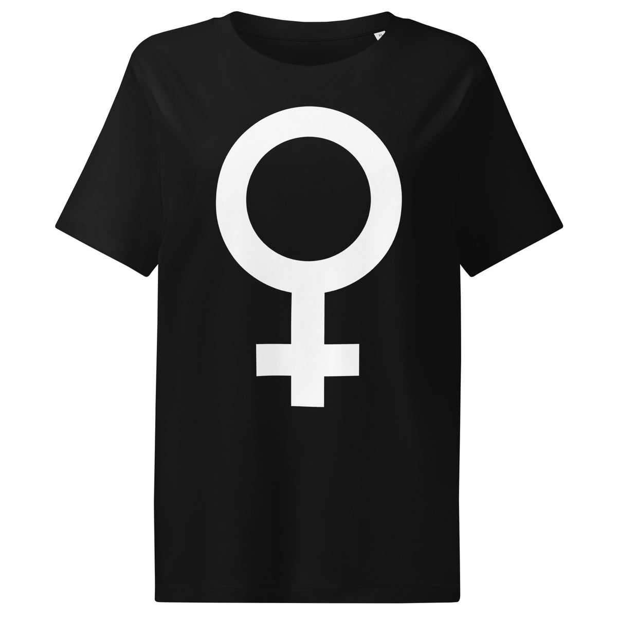 Damen-T-Shirt Schwarz mit weißem Kreis-und-Symbolmotiv auf der Vorderseite