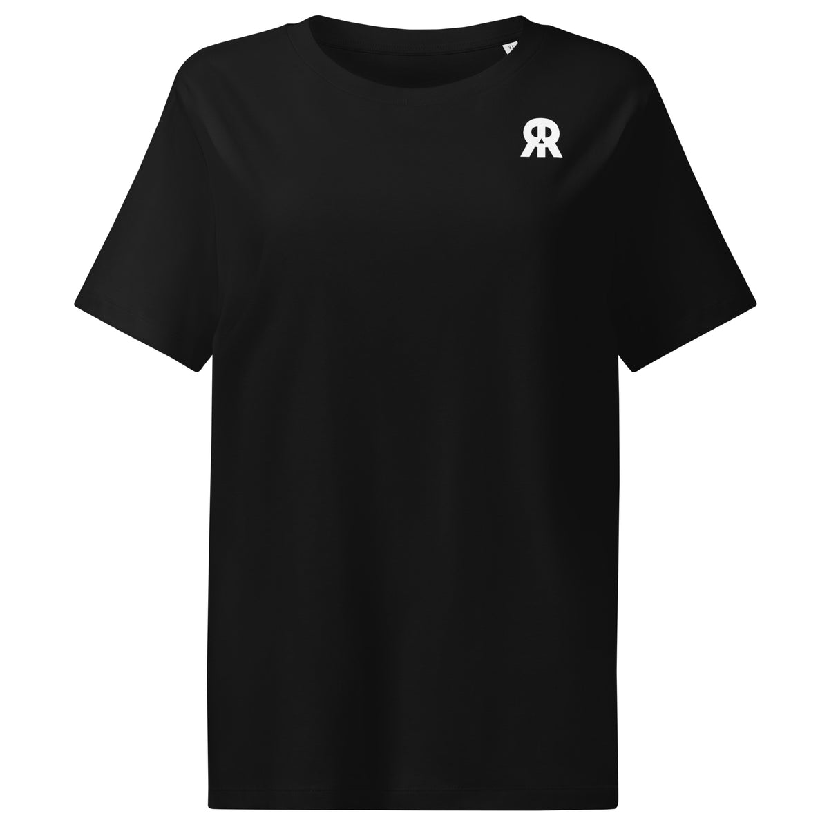 Schwarzes Damen-T-Shirt mit Rundhalsausschnitt, kurzen Ärmeln und kleinem schwarzem Brustdruck