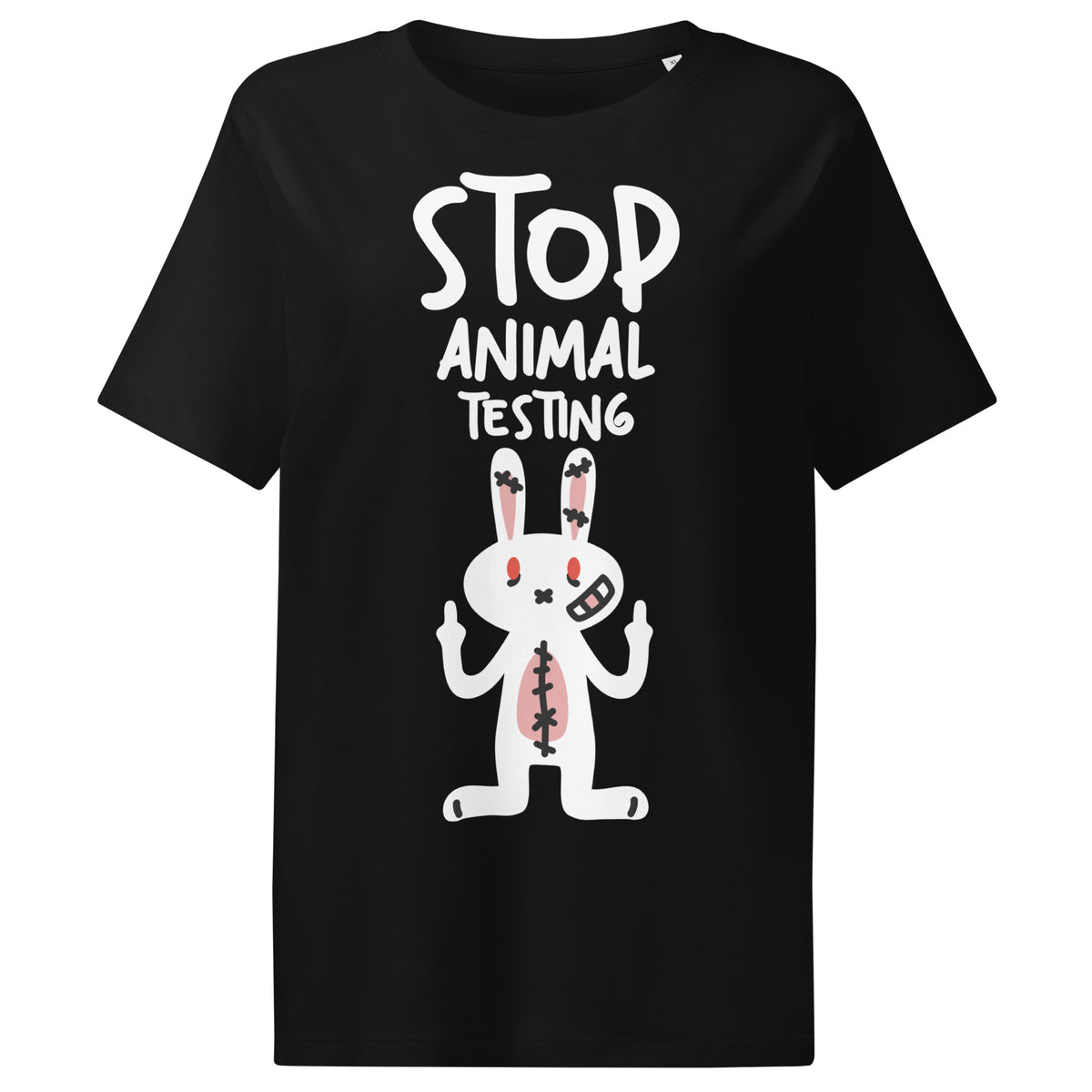 Damen-T-Shirt in Schwarz mit weißem Aufdruck „STOP ANIMAL TESTING“ und Hase