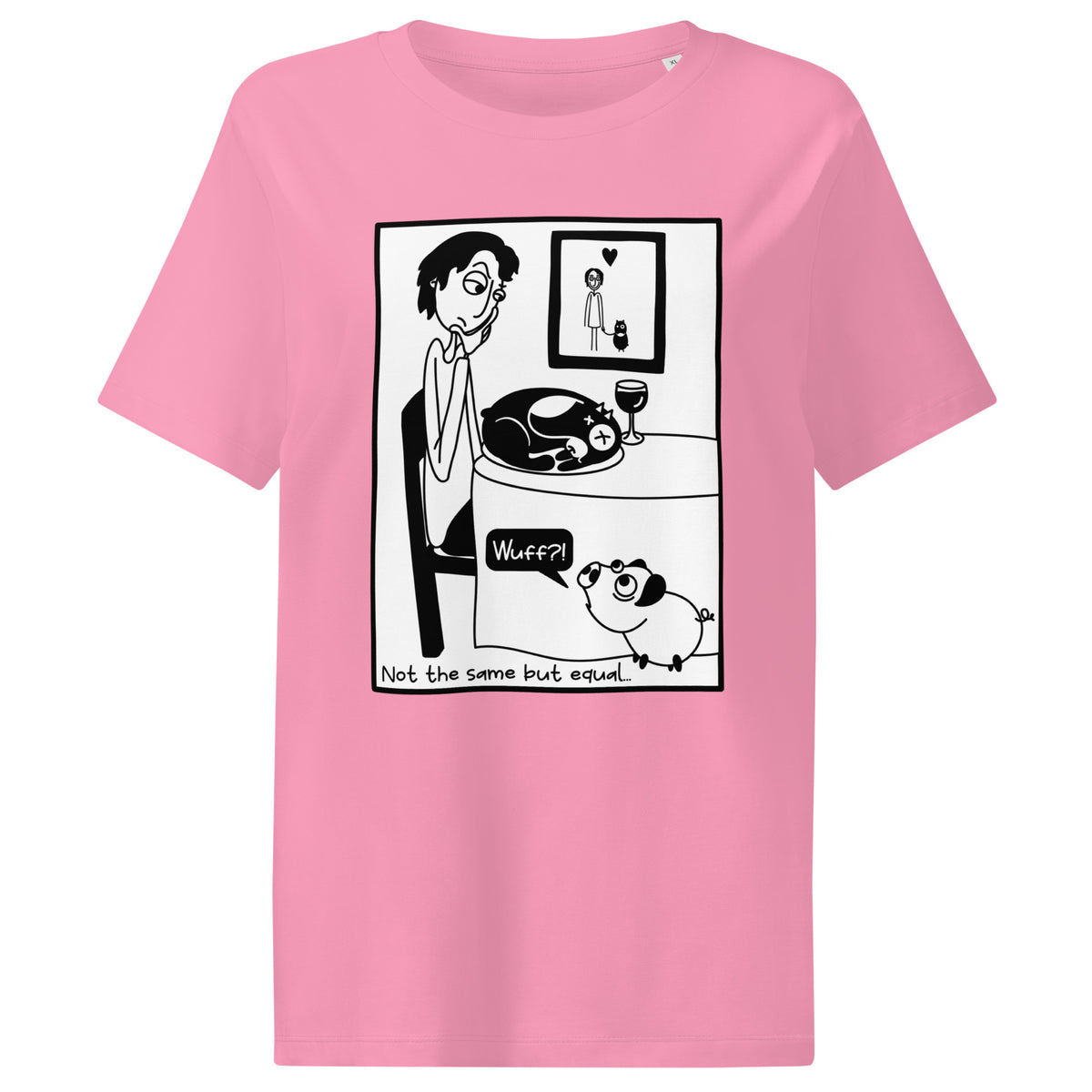 Damen-T-Shirt Bubble Pink mit großem Comic-Motiv „Nicht the same but equal“.