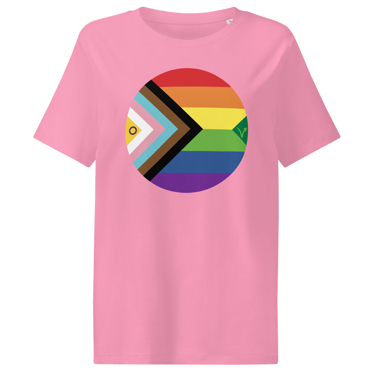 Veganes Bio Damen-T-Shirt, pink, mit großem rundem Regenbogen-Brustmotiv