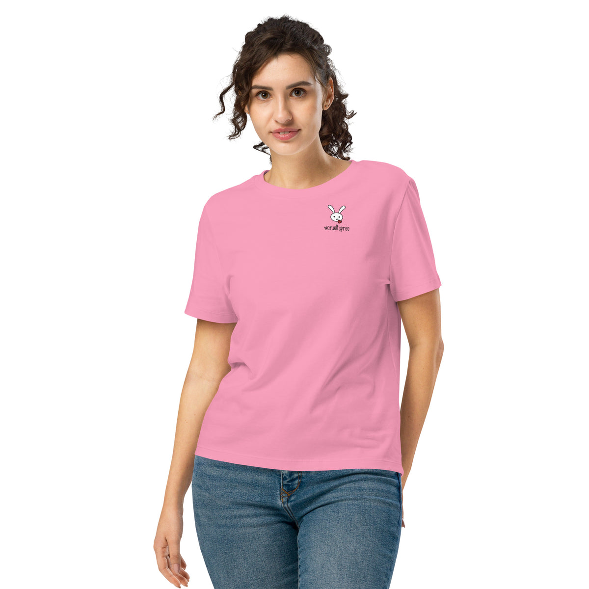 Rosa Damen-T-Shirt im getragenen Look mit Hasenmotiv und #createfree-Print