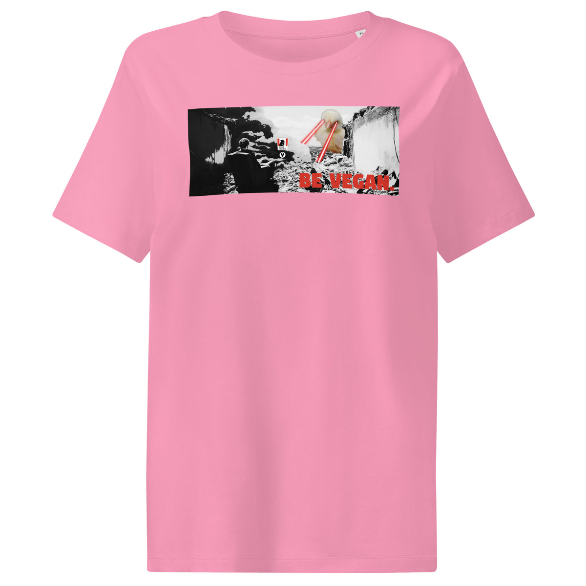 Damen-T-Shirt in Bubblegum-Rosa mit großem Frontprint „BE VEGAN“ im Rechteckmotiv