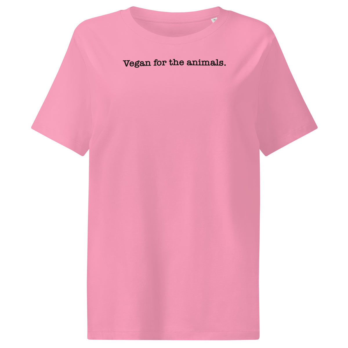 Damen-T-Shirt, pink, Rundhalsausschnitt, kurzer Ärmel, Aufdruck „Vegan for the animals.“