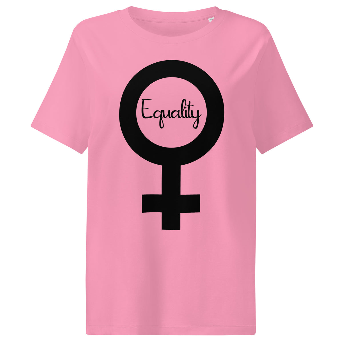 Rosa Damen-T-Shirt mit großem schwarzen Symbol und Schriftzug „Equality“
