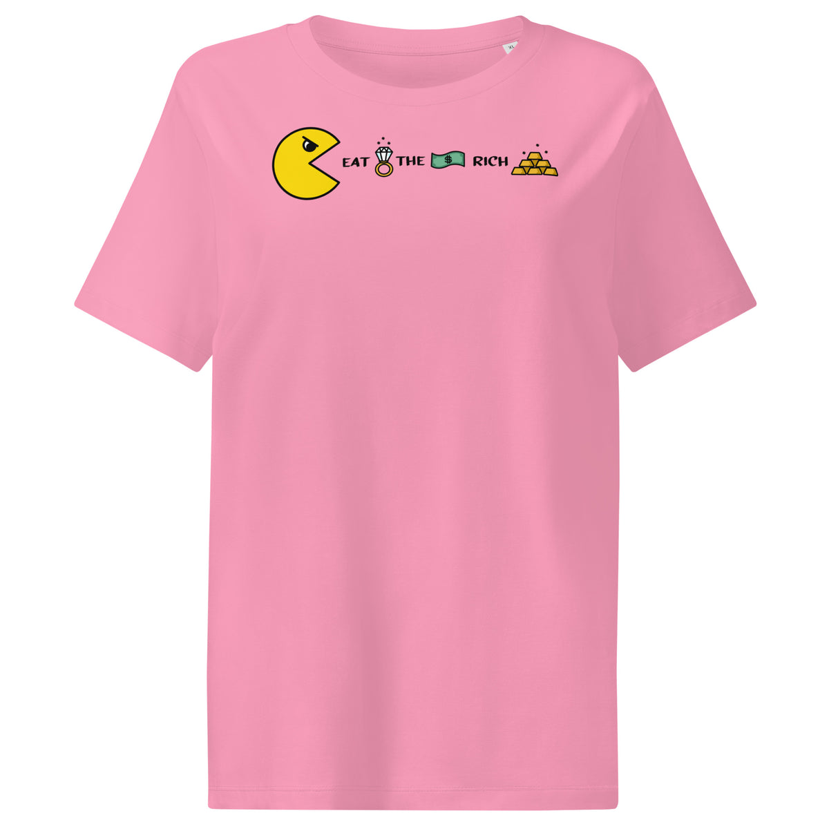 Damen-T-Shirt, bubblepink, Frontprint mit PAC Man und „EAT THE RICH“