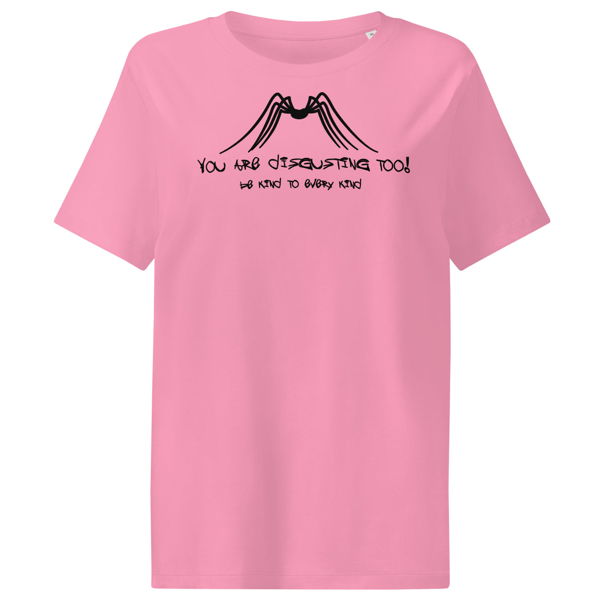 Damen-T-Shirt pink mit schwarzem Grafikprint auf der Brust, Rundhalsausschnitt