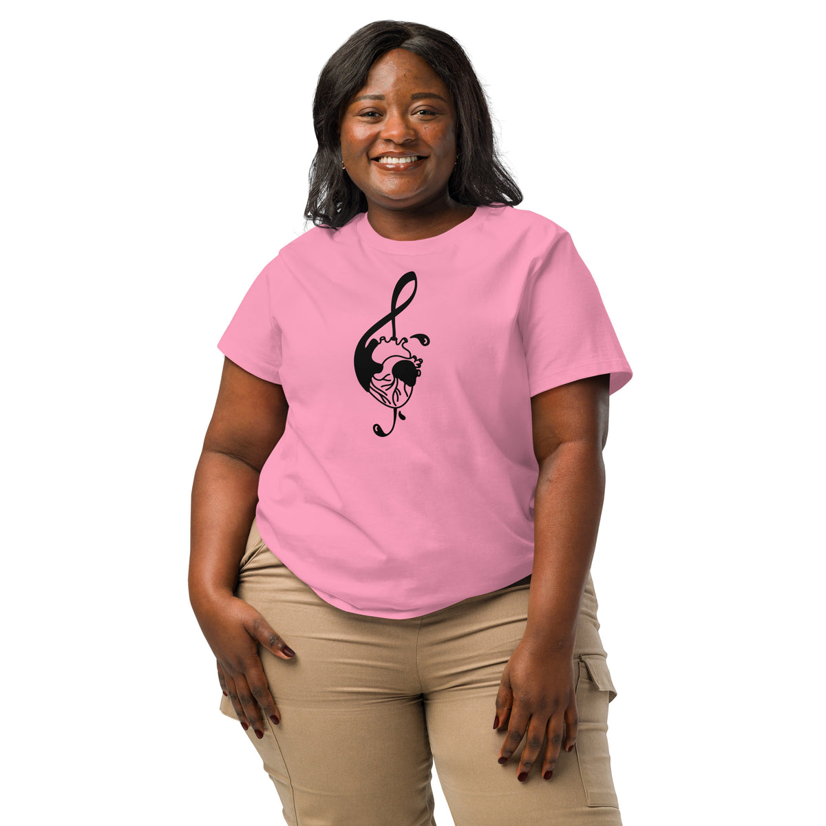 Rosa Damen-T-Shirt mit schwarzem Musiknoten-Katzenkopf-Print, Rundhalsausschnitt