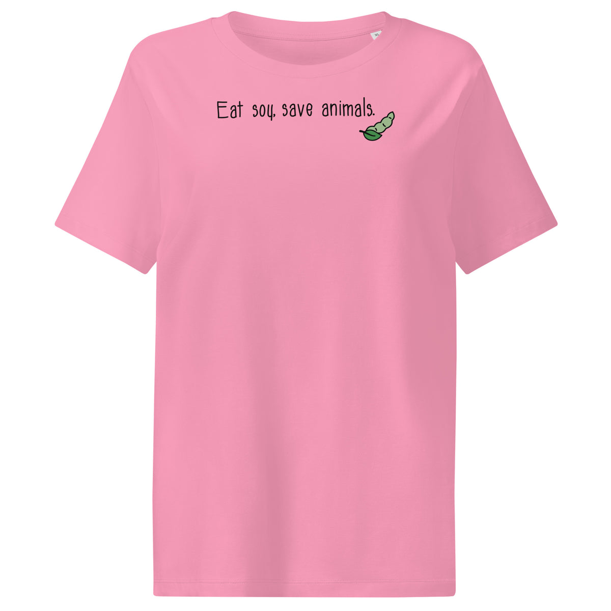 Hellrosa Damen-T-Shirt mit Aufdruck „Eat soy, save animals“ und grünem Schildkröten-Icon