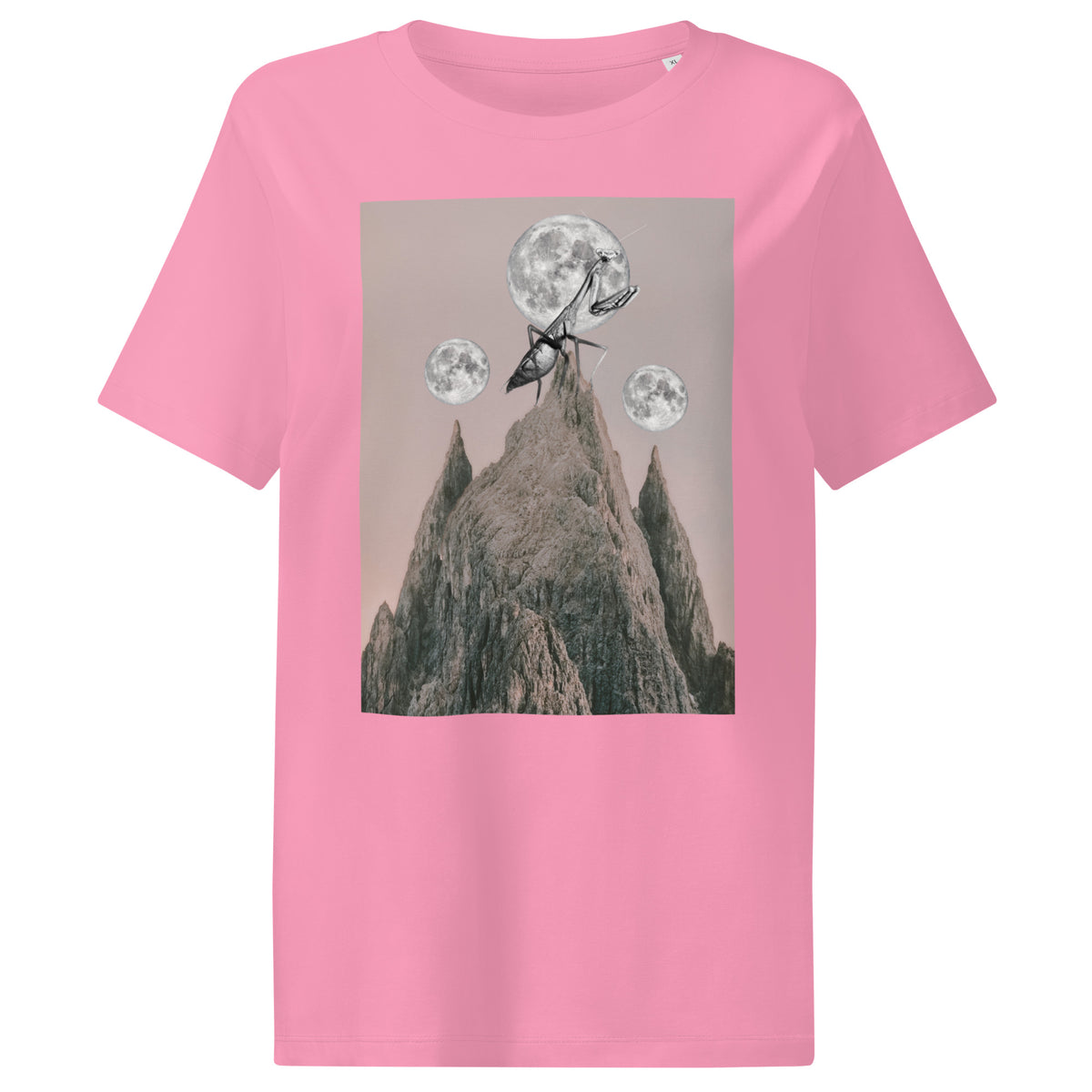 Damen-T-Shirt rosa mit Frontprint: Gottesanbeterin über Bergen