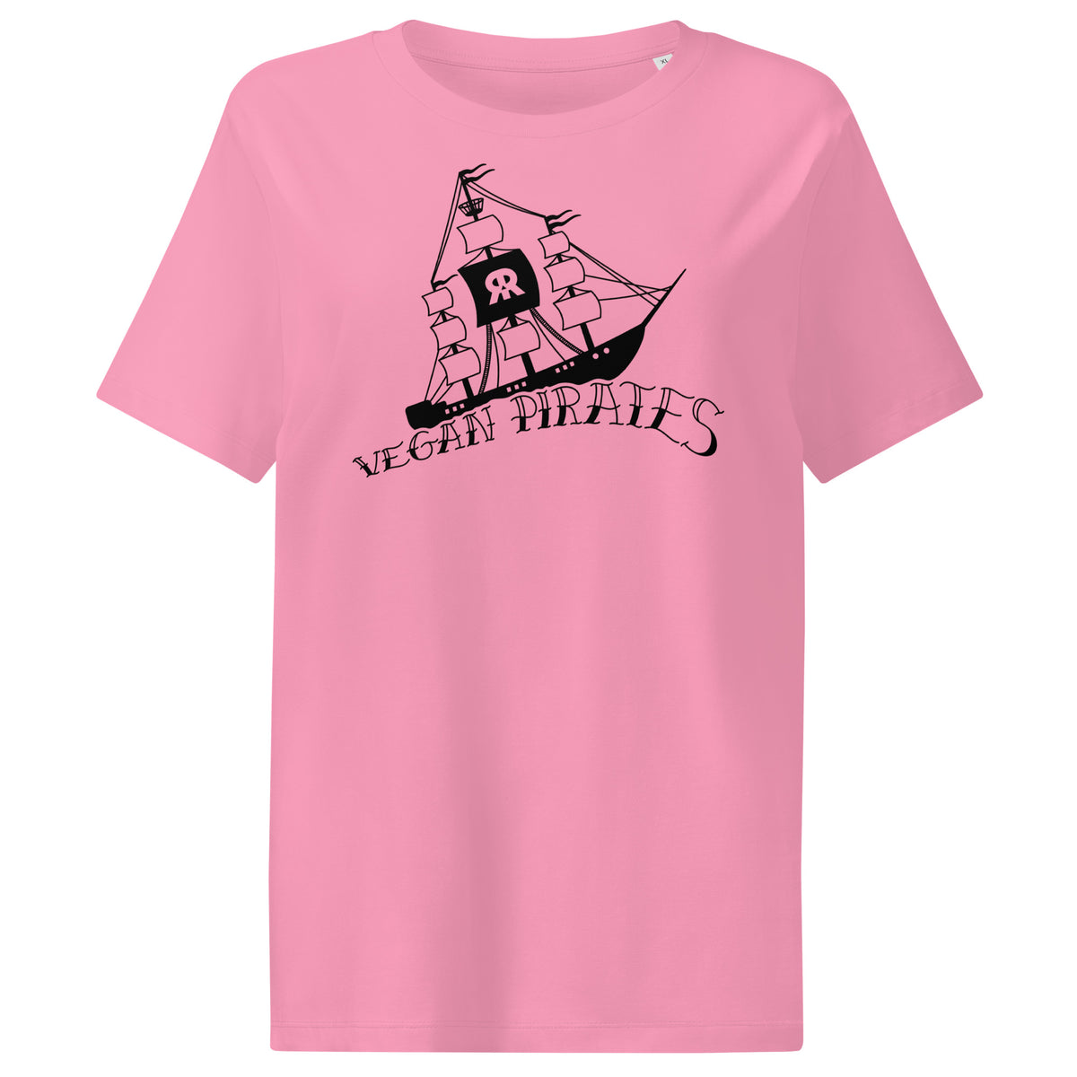 Rosa Damen-T-Shirt mit Piratengrafik und Schriftzug „Vegan Pirates“