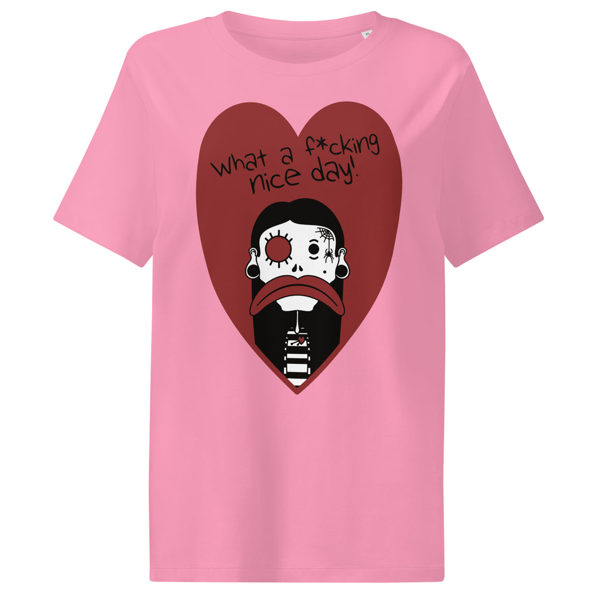Damen-T-Shirt in Pink mit Front-Print: rotes Dreieck mit Gesicht und Textgrafik