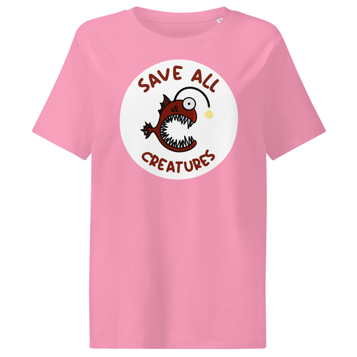 Hellrosa Damen-T-Shirt: Froschfisch-Print im Kreis, „Save All Creatures“