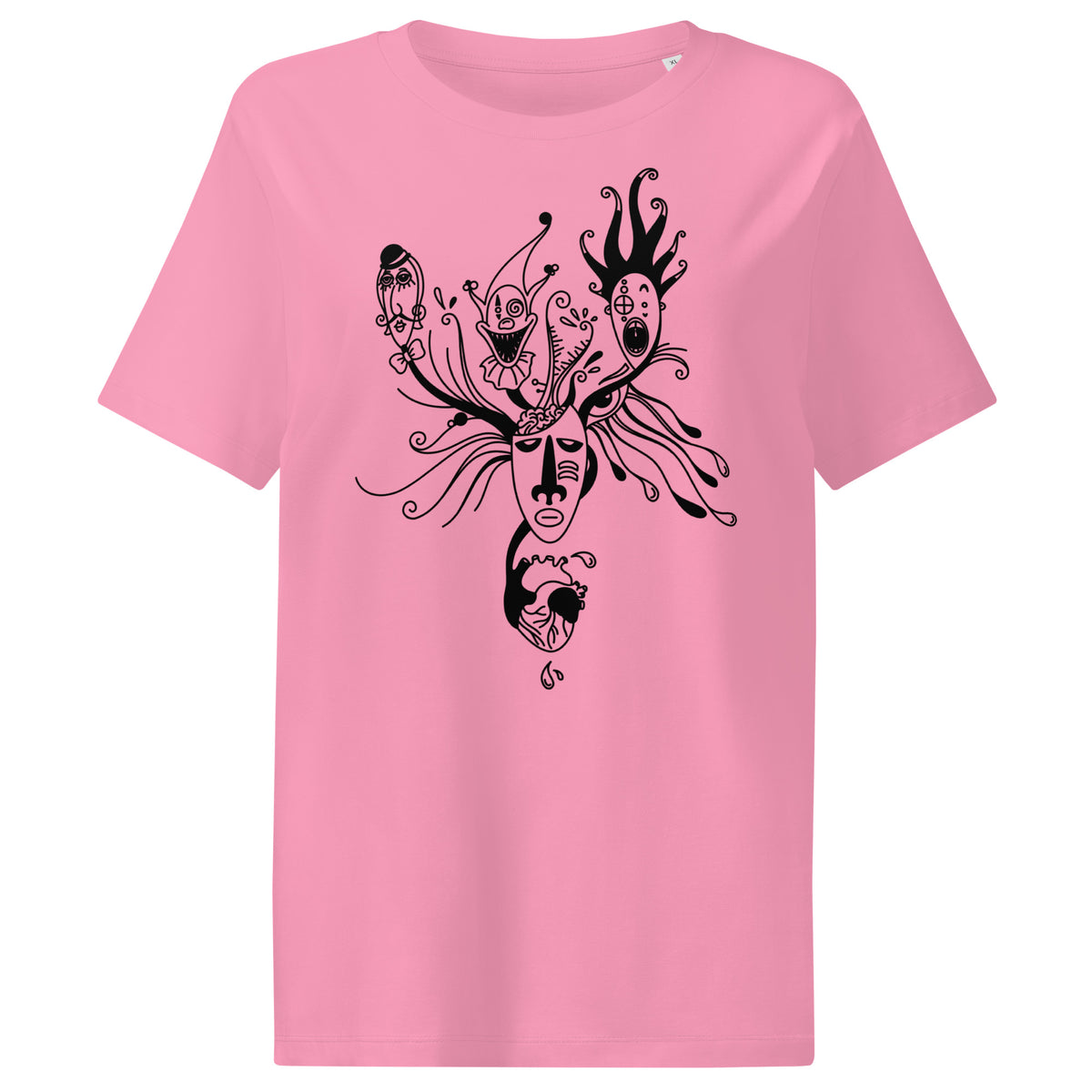 Rosa Damen-T-Shirt mit schwarzem Masken-Illustrationsmotiv auf der Brust