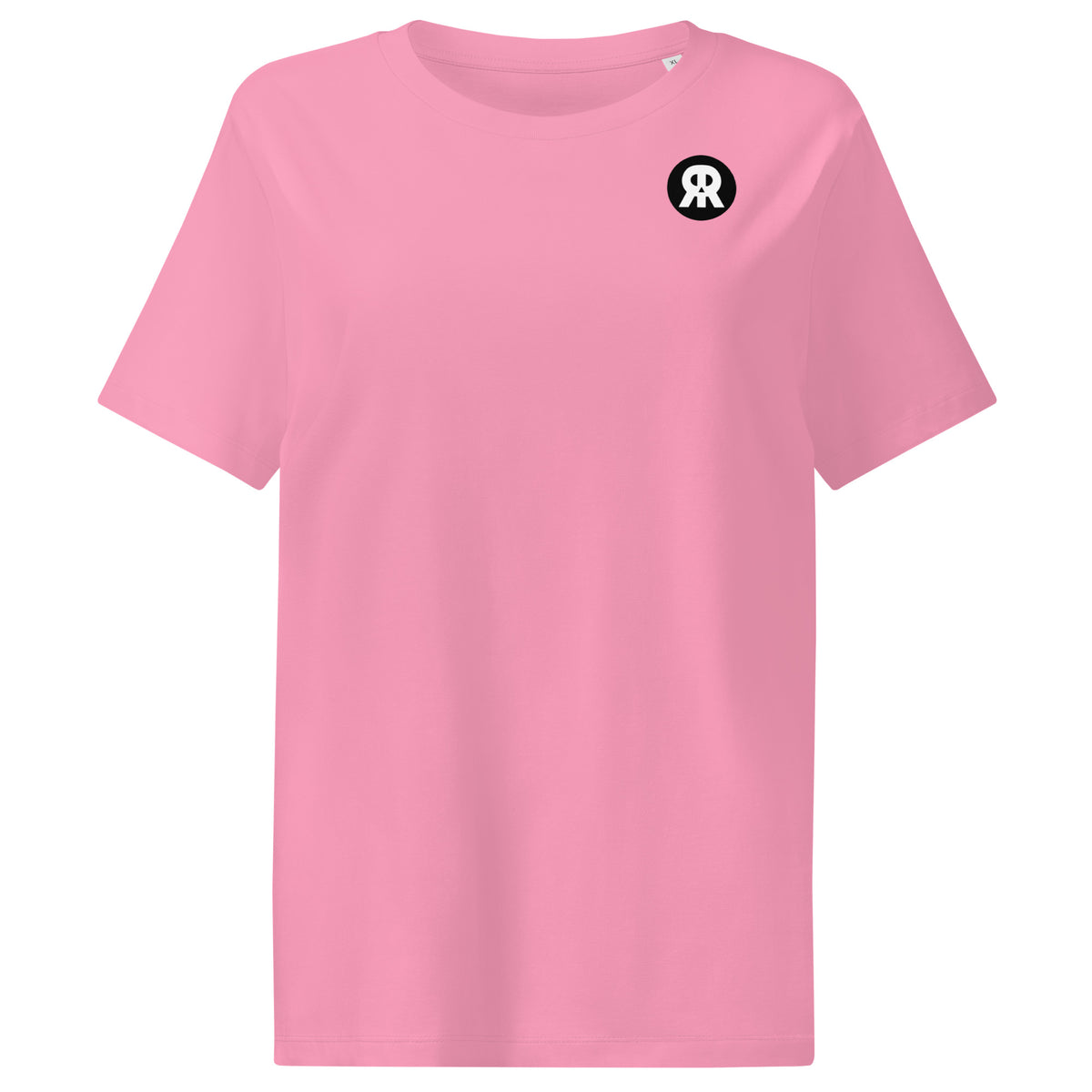 Helles Pinkes Damen-T-Shirt mit Rundhalsausschnitt, kurzen Ärmeln und kleinem schwarzem Brustdruck
