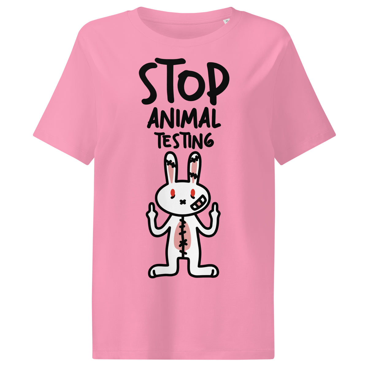 Damen-T-Shirt in Hellrosa mit Aufdruck „STOP ANIMAL TESTING“ und Hase