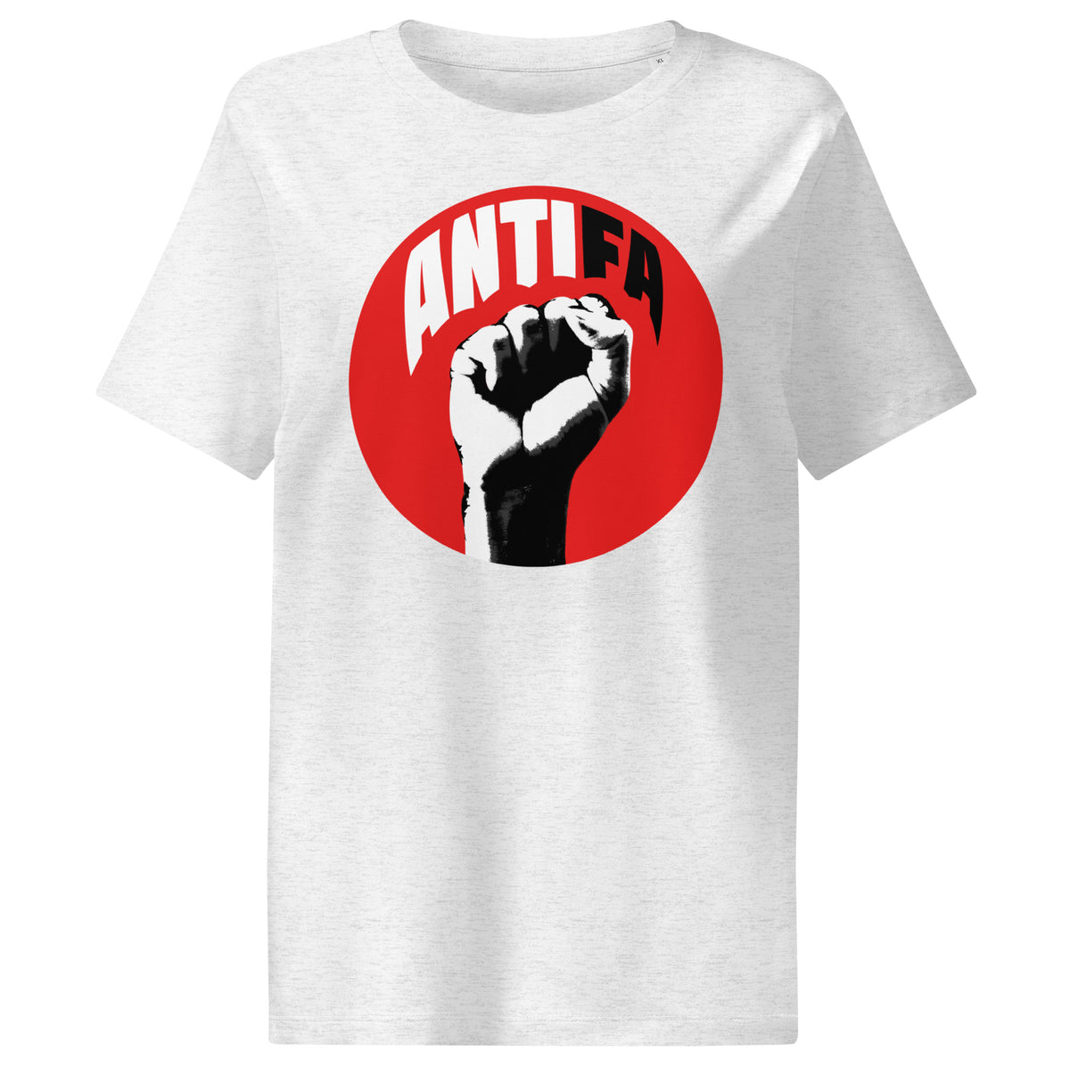 Damen-T-Shirt hellgrau meliert, rundes ANTIFA-Logo mit Faustdruck